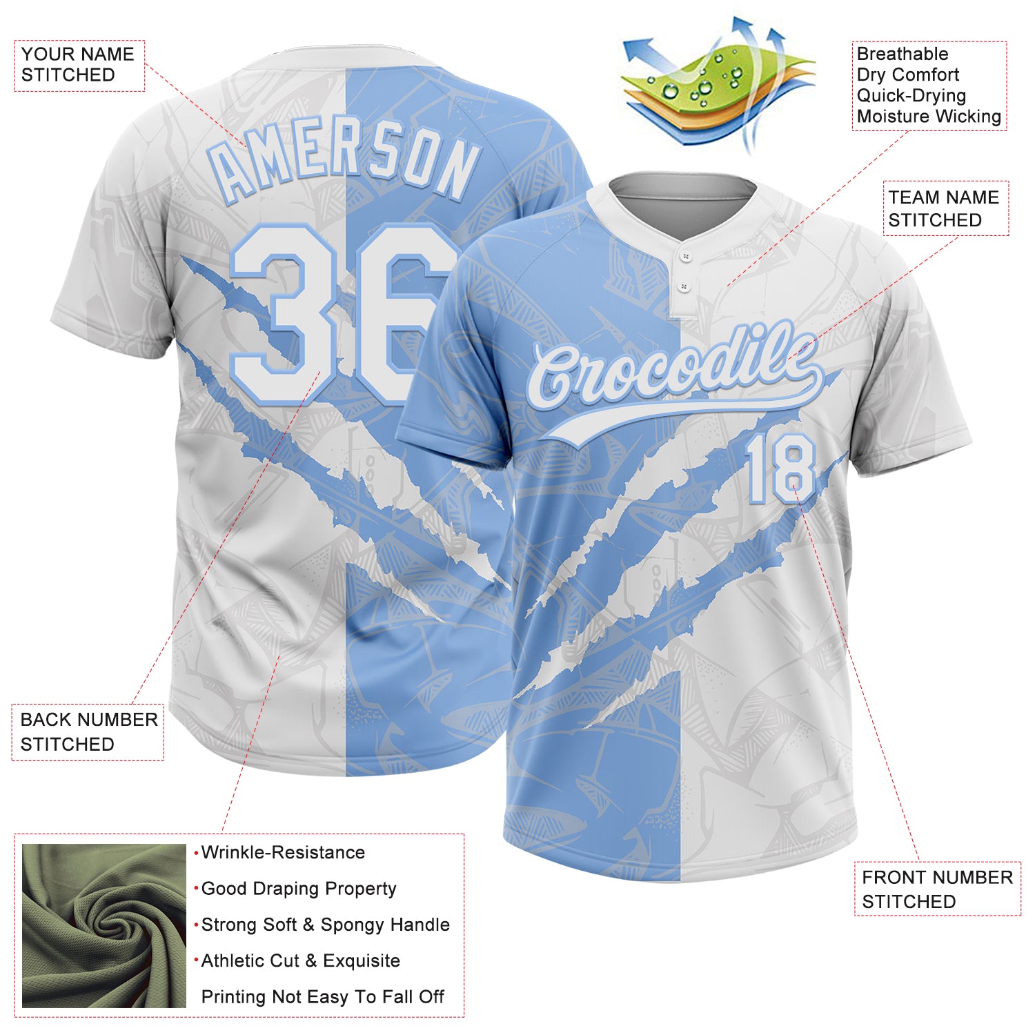Custom Graffiti Pattern White-Light Blue 3D Scratch Two-Button Unisex Softball Jersey