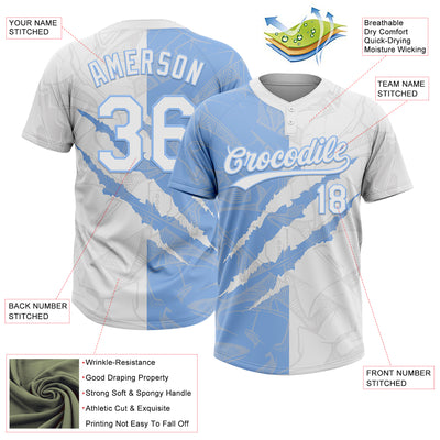 Custom Graffiti Pattern White-Light Blue 3D Scratch Two-Button Unisex Softball Jersey