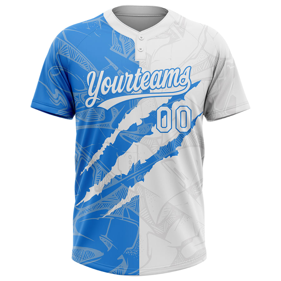 Custom Graffiti Pattern White-Electric Blue 3D Scratch Two-Button Unisex Softball Jersey