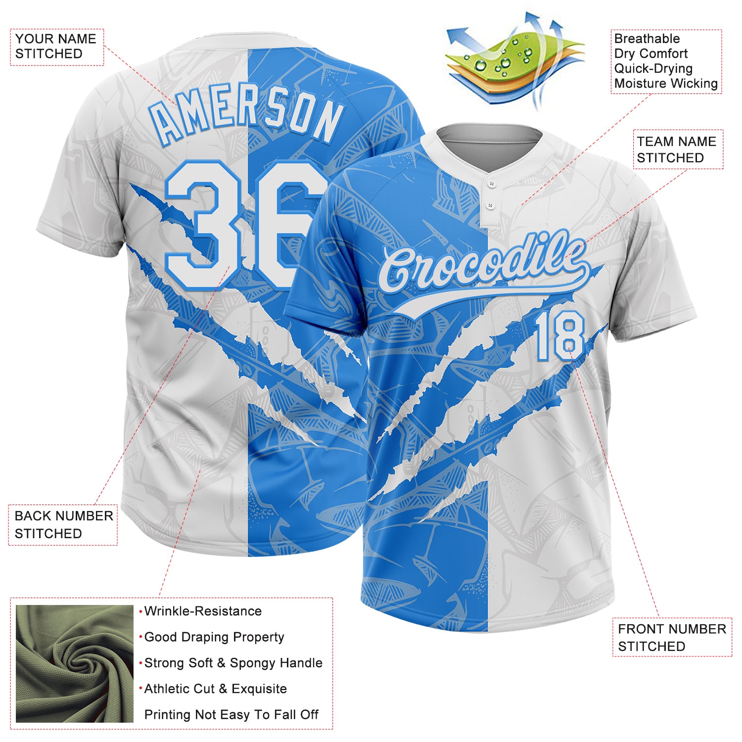 Custom Graffiti Pattern White-Electric Blue 3D Scratch Two-Button Unisex Softball Jersey