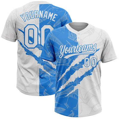 Custom Graffiti Pattern White-Electric Blue 3D Scratch Two-Button Unisex Softball Jersey