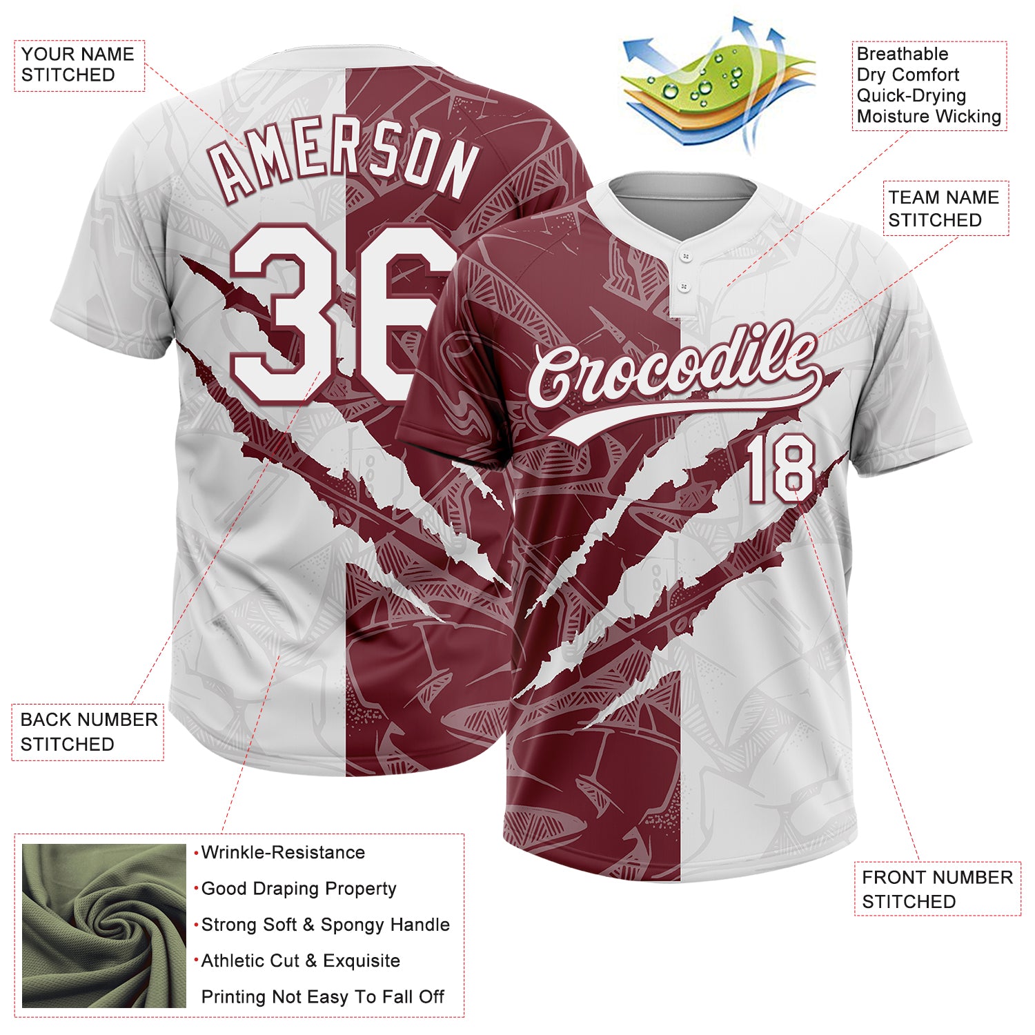 Custom Graffiti Pattern White-Burgundy 3D Scratch Two-Button Unisex Softball Jersey