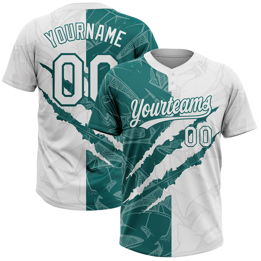 Custom Graffiti Pattern White-Teal 3D Scratch Two-Button Unisex Softball Jersey