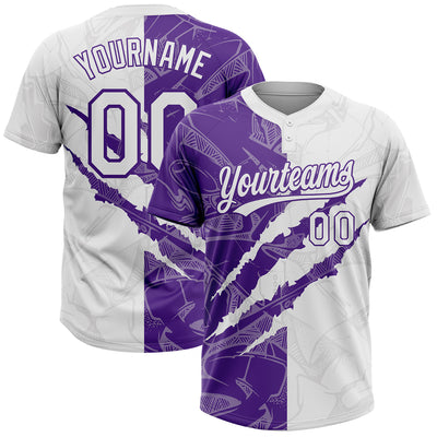 Custom Graffiti Pattern White-Purple 3D Scratch Two-Button Unisex Softball Jersey