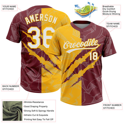 Custom Graffiti Pattern White Burgundy-Gold 3D Scratch Two-Button Unisex Softball Jersey