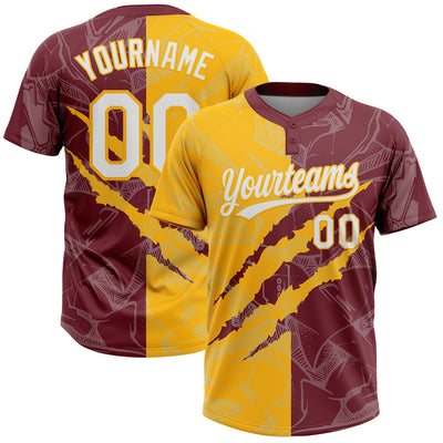 Custom Graffiti Pattern White Burgundy-Gold 3D Scratch Two-Button Unisex Softball Jersey