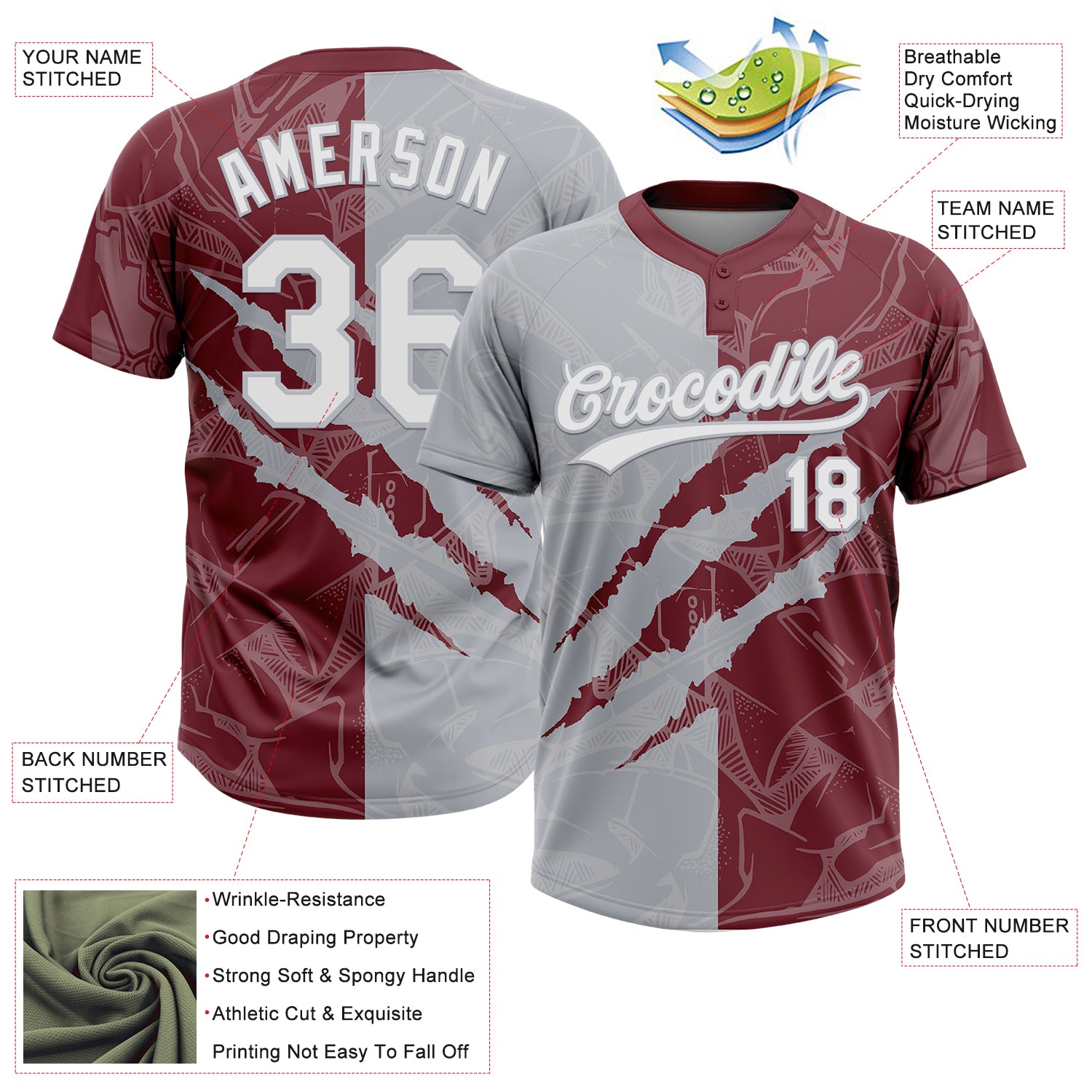 Custom Graffiti Pattern White Burgundy-Gray 3D Scratch Two-Button Unisex Softball Jersey