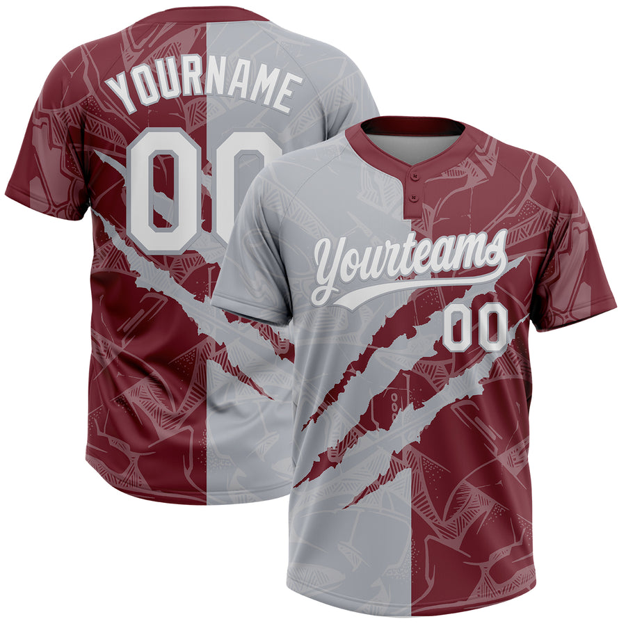 Custom Graffiti Pattern White Burgundy-Gray 3D Scratch Two-Button Unisex Softball Jersey