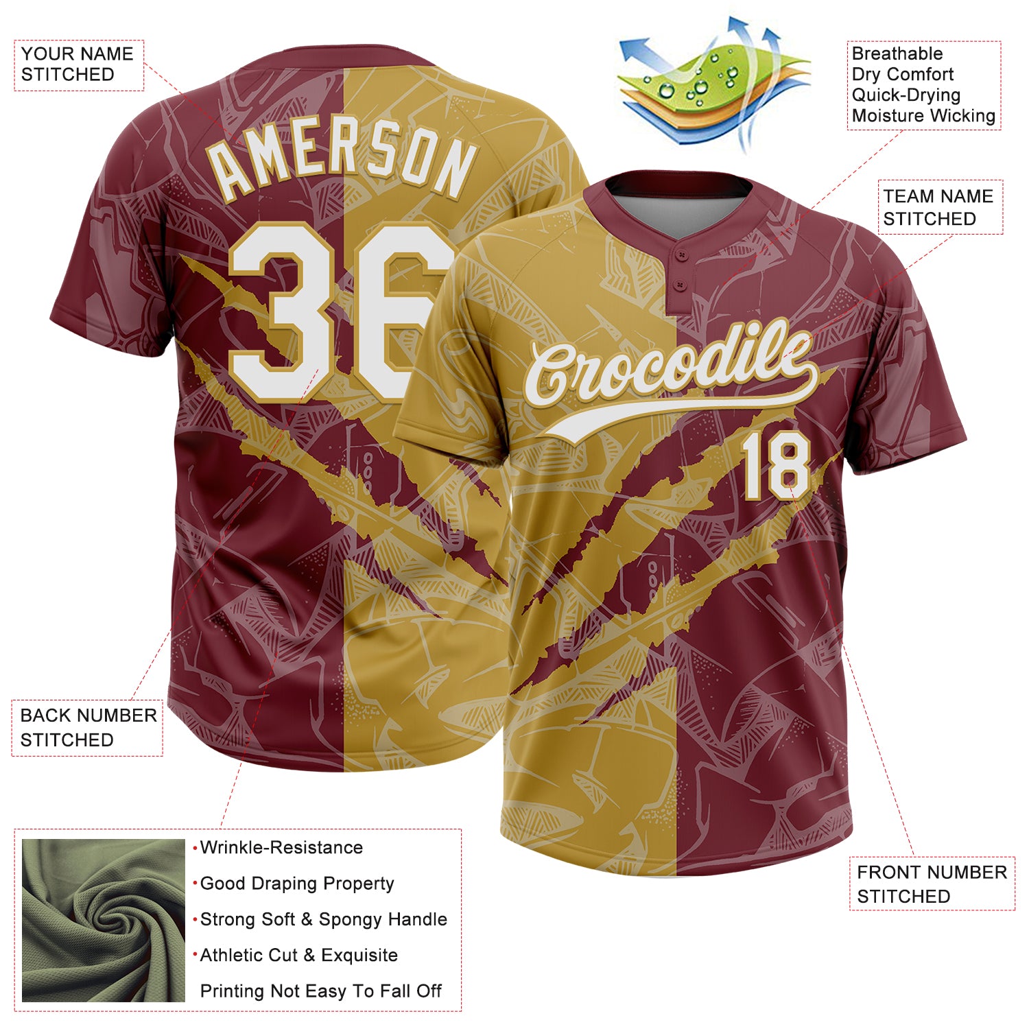 Custom Graffiti Pattern White Burgundy-Old Gold 3D Scratch Two-Button Unisex Softball Jersey