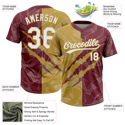 Custom Graffiti Pattern White Burgundy-Old Gold 3D Scratch Two-Button Unisex Softball Jersey