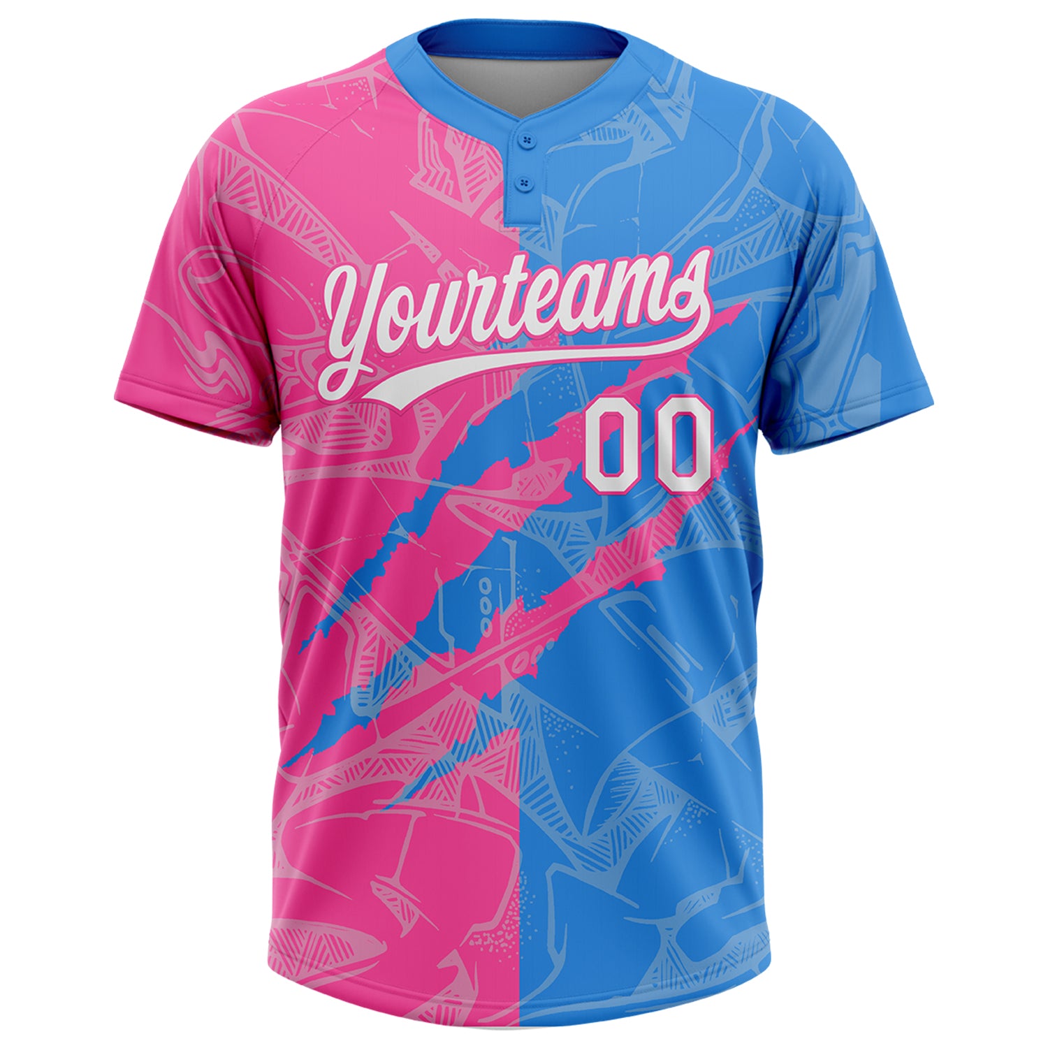 Custom Graffiti Pattern White Electric Blue-Pink 3D Scratch Two-Button Unisex Softball Jersey
