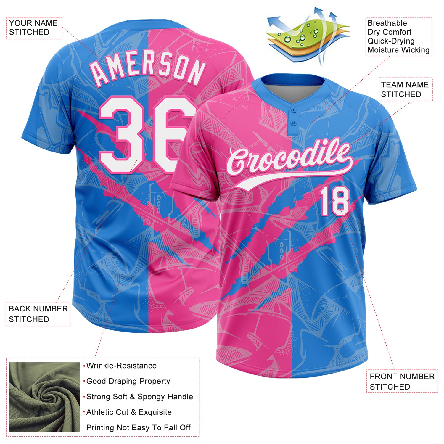 Custom Graffiti Pattern White Electric Blue-Pink 3D Scratch Two-Button Unisex Softball Jersey