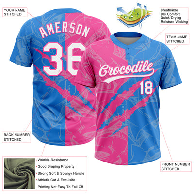 Custom Graffiti Pattern White Electric Blue-Pink 3D Scratch Two-Button Unisex Softball Jersey