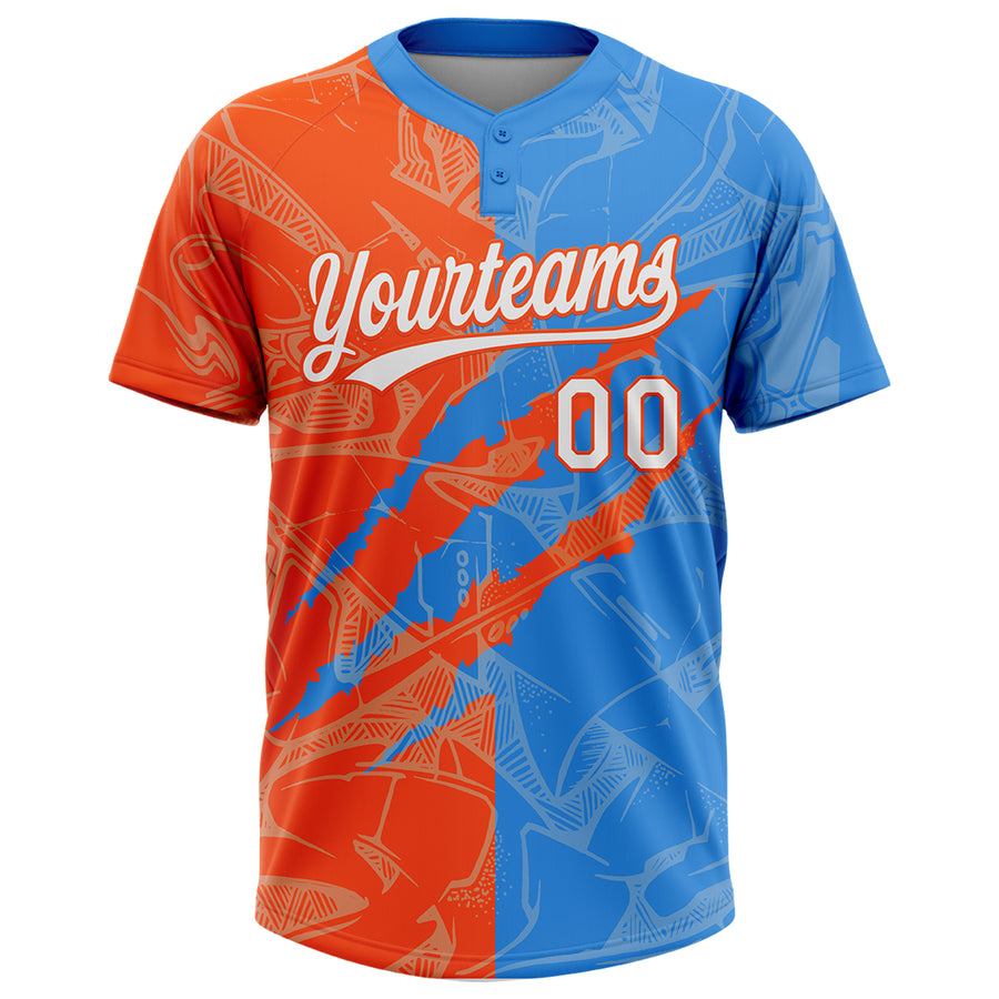 Custom Graffiti Pattern White Electric Blue-Orange 3D Scratch Two-Button Unisex Softball Jersey