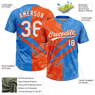 Custom Graffiti Pattern White Electric Blue-Orange 3D Scratch Two-Button Unisex Softball Jersey