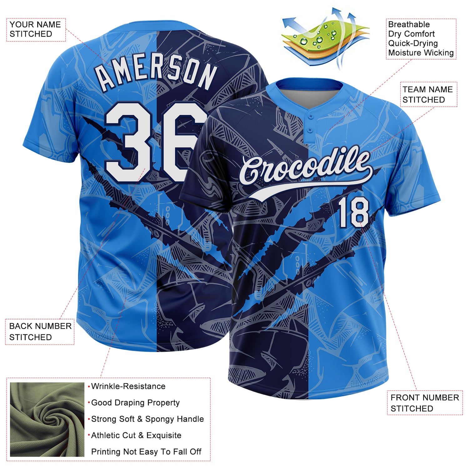 Custom Graffiti Pattern White Electric Blue-Navy 3D Scratch Two-Button Unisex Softball Jersey