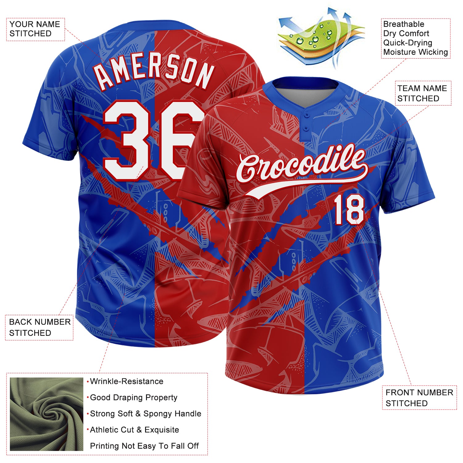 Custom Graffiti Pattern White Thunder Blue-Red 3D Scratch Two-Button Unisex Softball Jersey