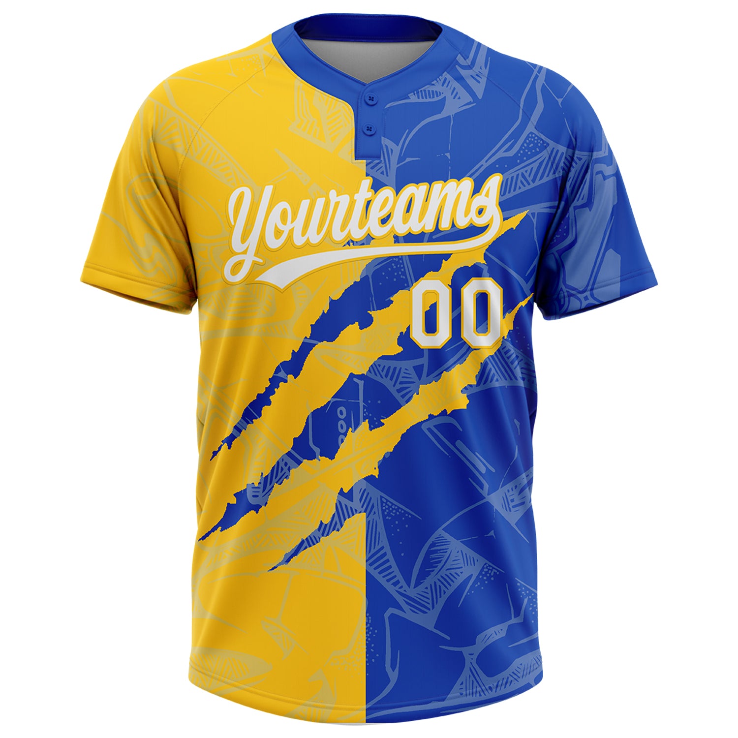 Custom Graffiti Pattern White Thunder Blue-Yellow 3D Scratch Two-Button Unisex Softball Jersey