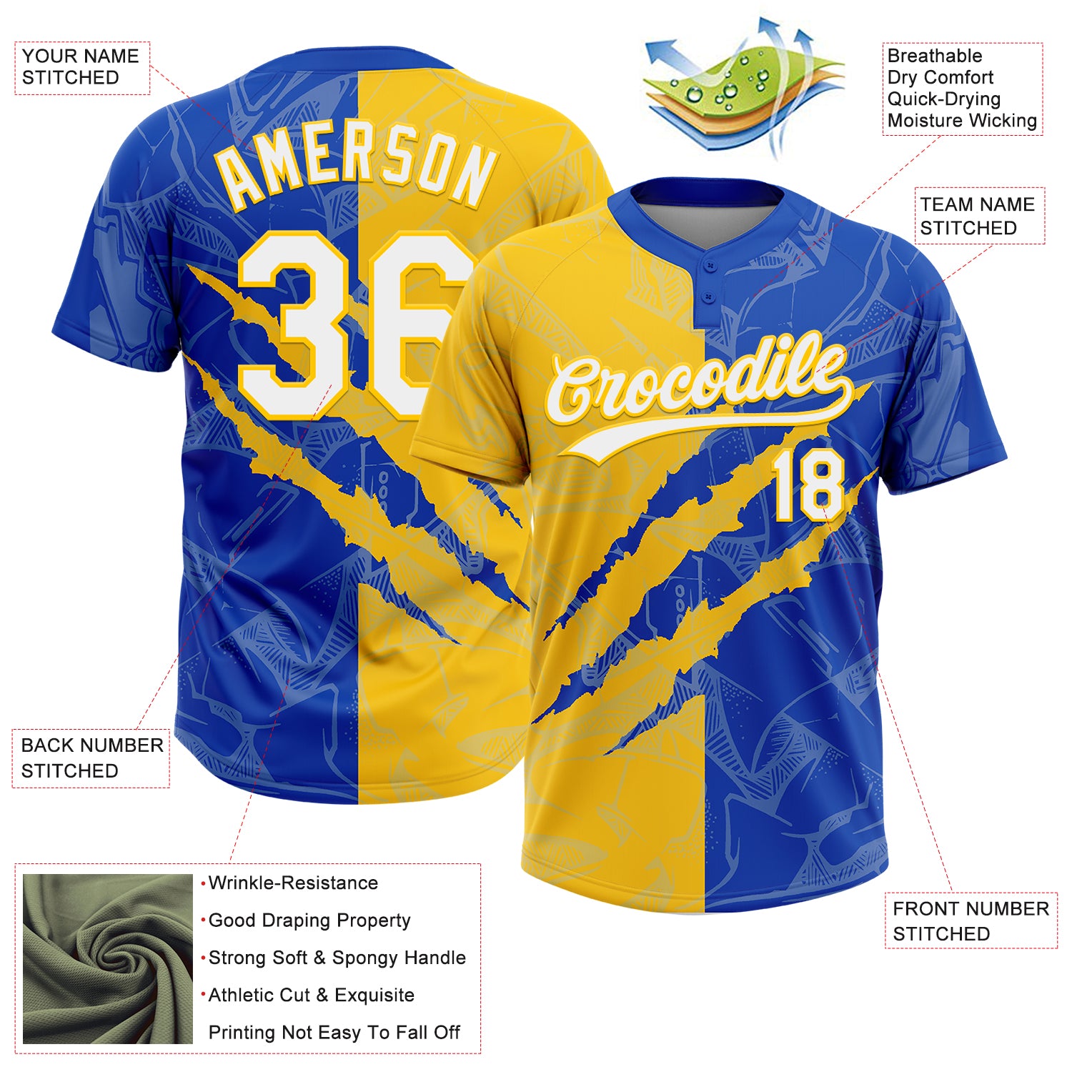 Custom Graffiti Pattern White Thunder Blue-Yellow 3D Scratch Two-Button Unisex Softball Jersey