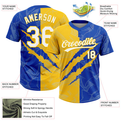 Custom Graffiti Pattern White Thunder Blue-Yellow 3D Scratch Two-Button Unisex Softball Jersey