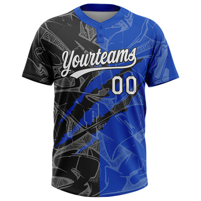 Custom Graffiti Pattern White Thunder Blue-Black 3D Scratch Two-Button Unisex Softball Jersey