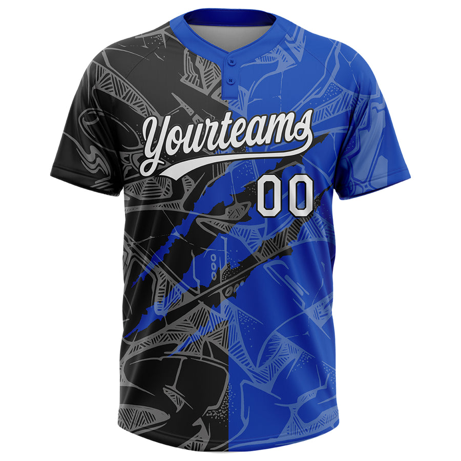 Custom Graffiti Pattern White Thunder Blue-Black 3D Scratch Two-Button Unisex Softball Jersey