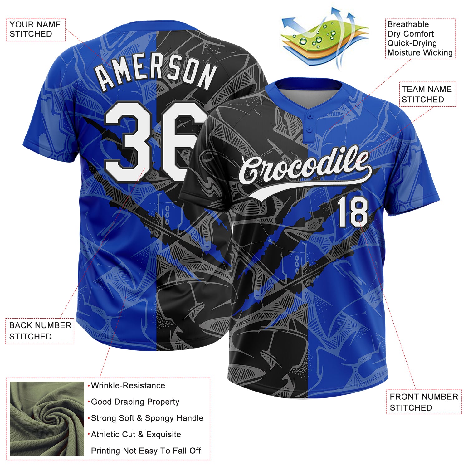 Custom Graffiti Pattern White Thunder Blue-Black 3D Scratch Two-Button Unisex Softball Jersey