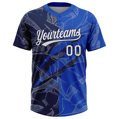 Custom Graffiti Pattern White Thunder Blue-Navy 3D Scratch Two-Button Unisex Softball Jersey