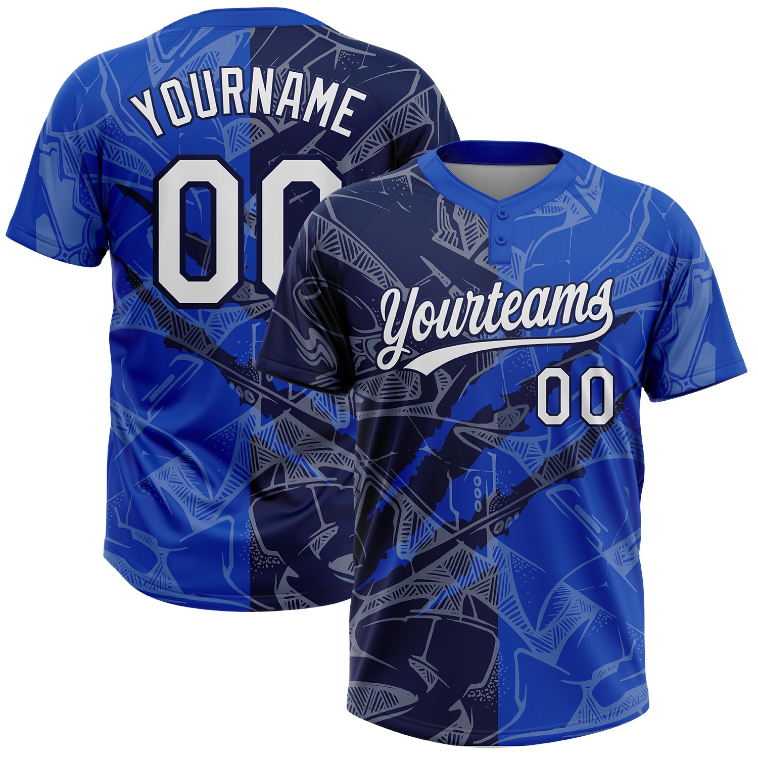 Custom Graffiti Pattern White Thunder Blue-Navy 3D Scratch Two-Button Unisex Softball Jersey