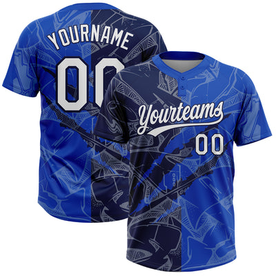 Custom Graffiti Pattern White Thunder Blue-Navy 3D Scratch Two-Button Unisex Softball Jersey