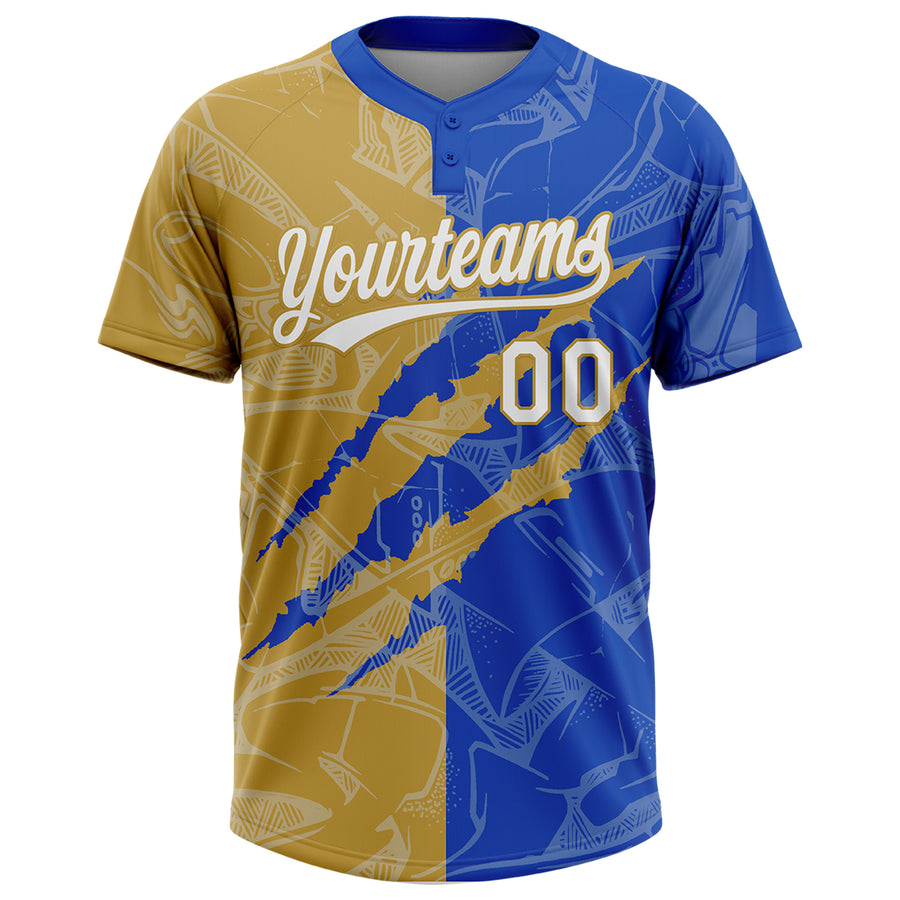 Custom Graffiti Pattern White Thunder Blue-Old Gold 3D Scratch Two-Button Unisex Softball Jersey