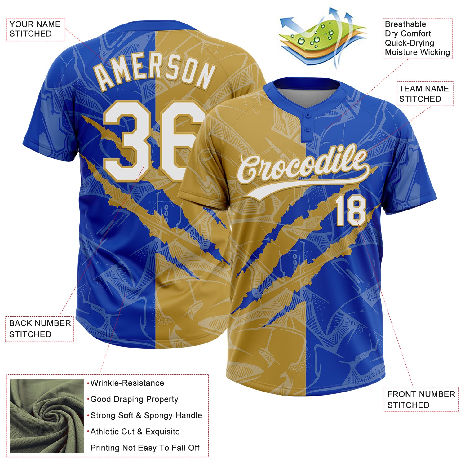 Custom Graffiti Pattern White Thunder Blue-Old Gold 3D Scratch Two-Button Unisex Softball Jersey