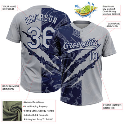 Custom Graffiti Pattern Gray-Navy 3D Scratch Two-Button Unisex Softball Jersey