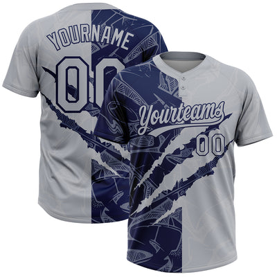 Custom Graffiti Pattern Gray-Navy 3D Scratch Two-Button Unisex Softball Jersey