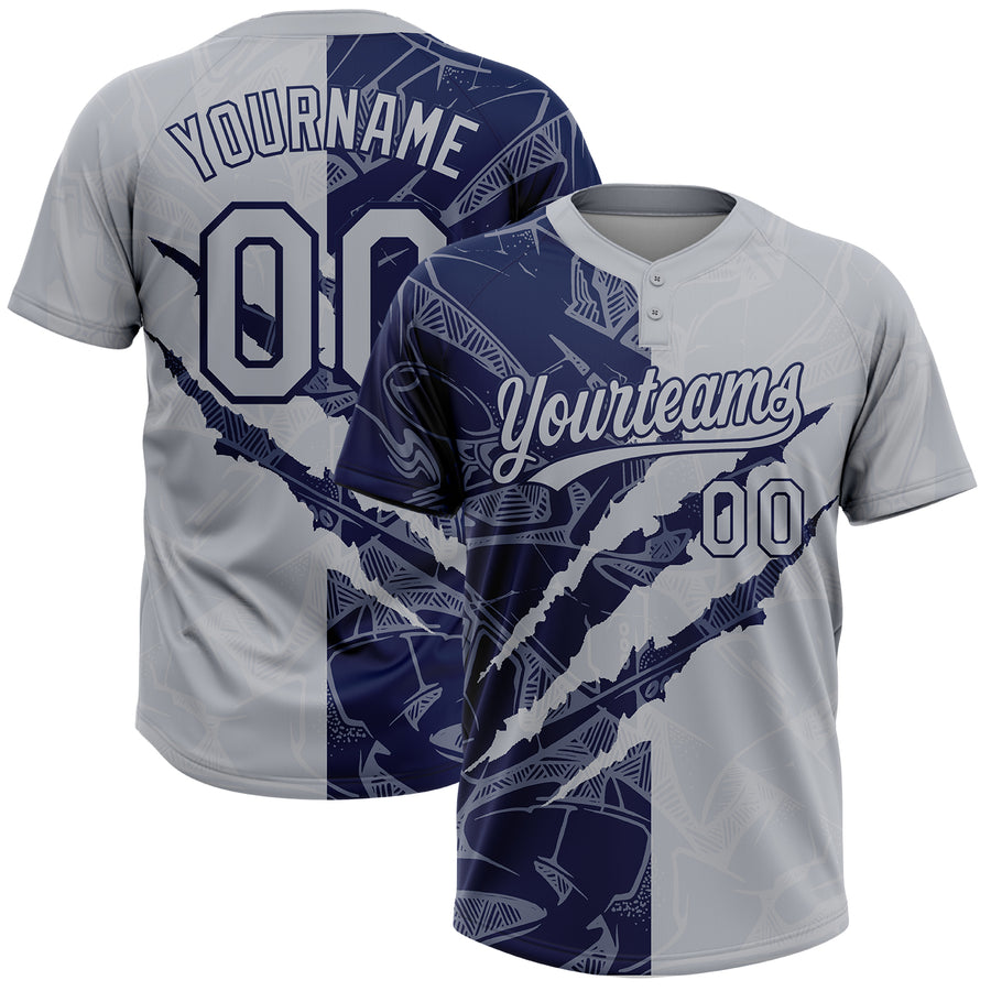 Custom Graffiti Pattern Gray-Navy 3D Scratch Two-Button Unisex Softball Jersey