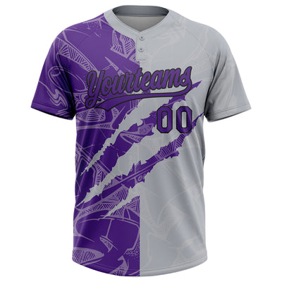 Custom Graffiti Pattern Purple Gray-Black 3D Scratch Two-Button Unisex Softball Jersey