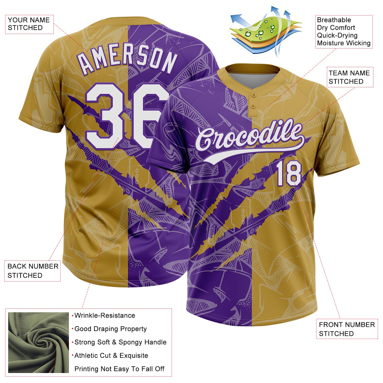 Custom Graffiti Pattern White Old Gold-Purple 3D Scratch Two-Button Unisex Softball Jersey