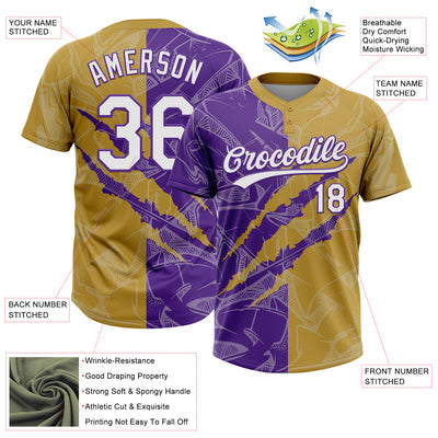 Custom Graffiti Pattern White Old Gold-Purple 3D Scratch Two-Button Unisex Softball Jersey