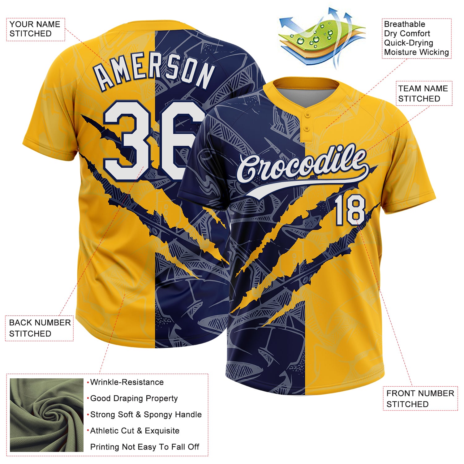 Custom Graffiti Pattern White Gold-Navy 3D Scratch Two-Button Unisex Softball Jersey