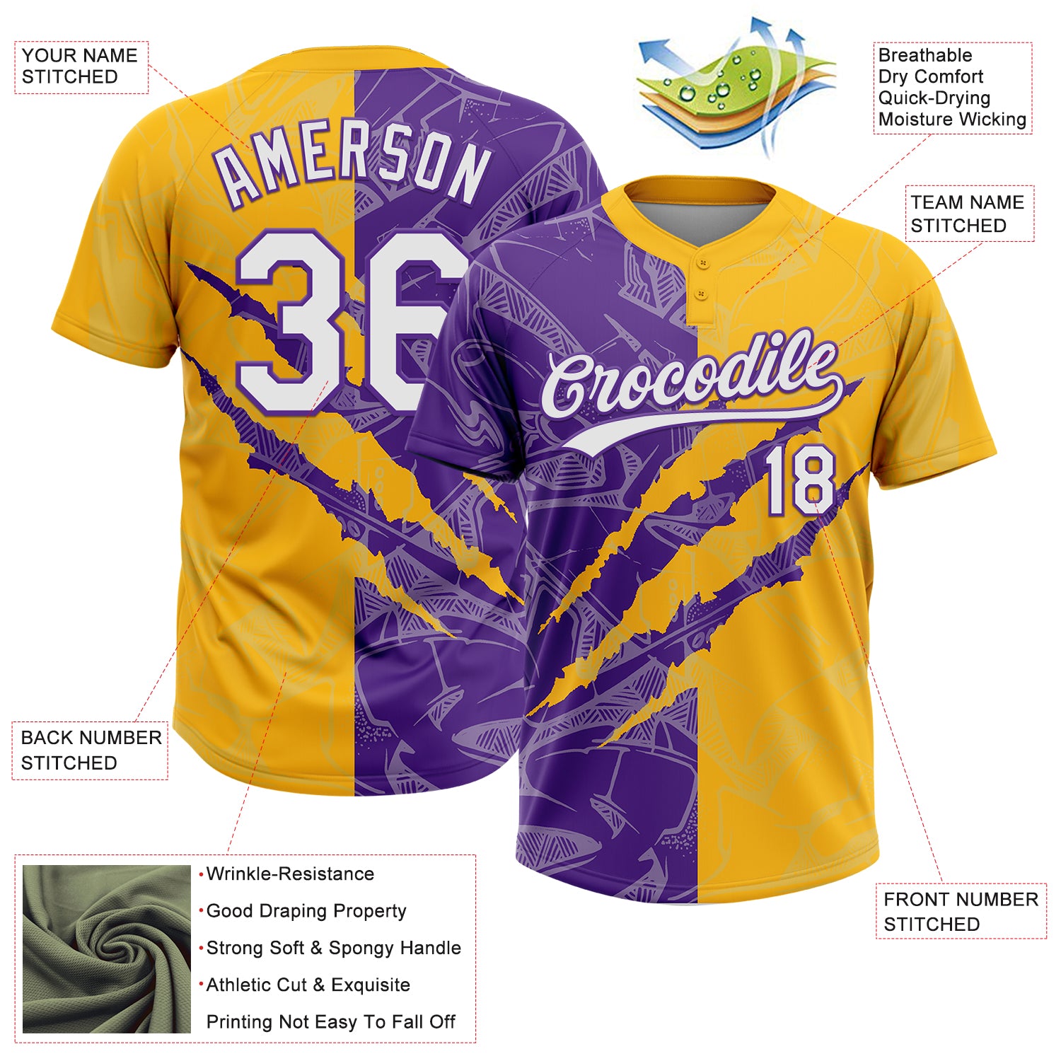 Custom Graffiti Pattern White Gold-Purple 3D Scratch Two-Button Unisex Softball Jersey