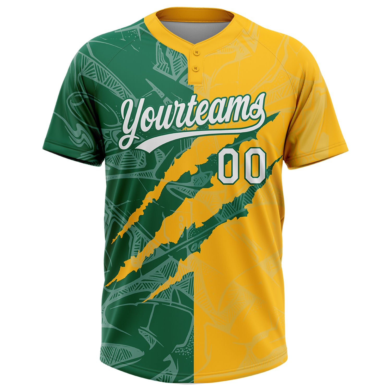 Custom Graffiti Pattern White Gold-Kelly Green 3D Scratch Two-Button Unisex Softball Jersey