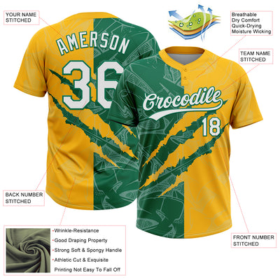 Custom Graffiti Pattern White Gold-Kelly Green 3D Scratch Two-Button Unisex Softball Jersey