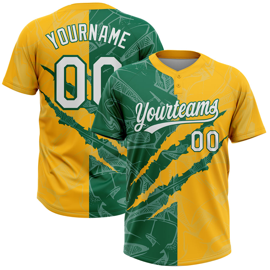Custom Graffiti Pattern White Gold-Kelly Green 3D Scratch Two-Button Unisex Softball Jersey