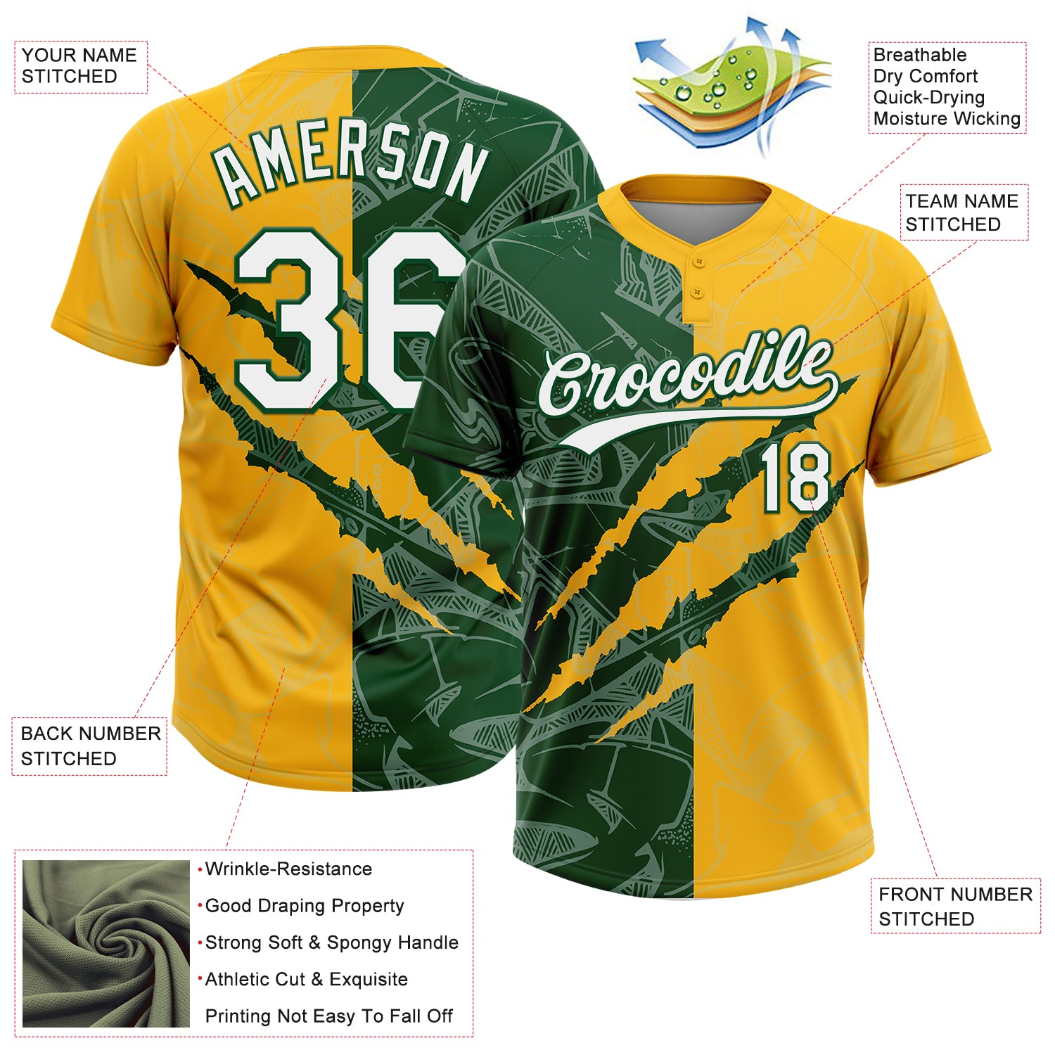 Custom Graffiti Pattern White Gold-Green 3D Scratch Two-Button Unisex Softball Jersey