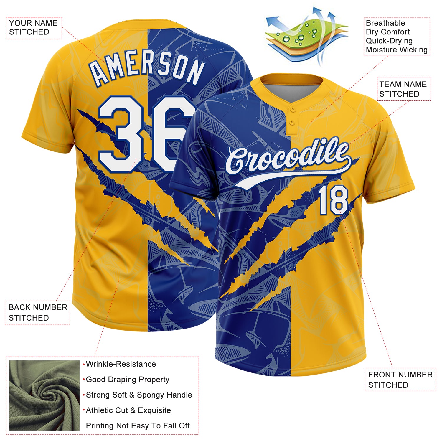 Custom Graffiti Pattern White Gold-Royal 3D Scratch Two-Button Unisex Softball Jersey