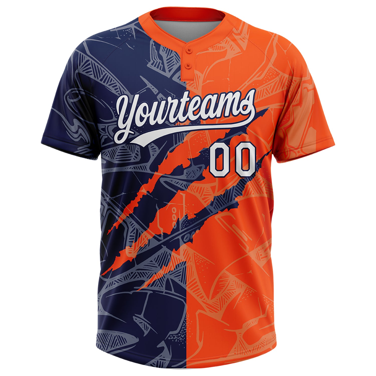 Custom Graffiti Pattern White Orange-Navy 3D Scratch Two-Button Unisex Softball Jersey