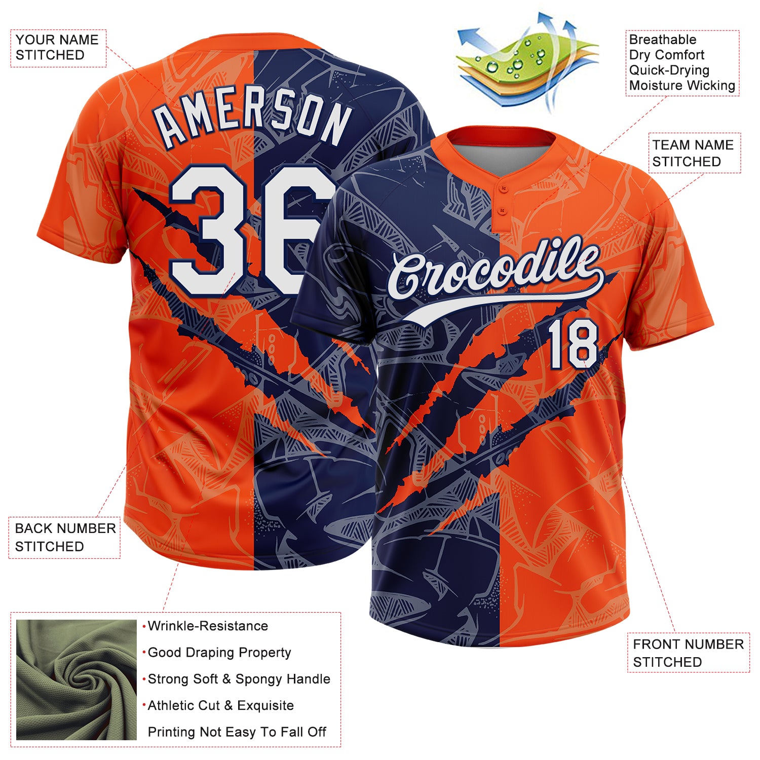 Custom Graffiti Pattern White Orange-Navy 3D Scratch Two-Button Unisex Softball Jersey
