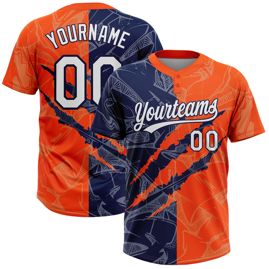 Custom Graffiti Pattern White Orange-Navy 3D Scratch Two-Button Unisex Softball Jersey
