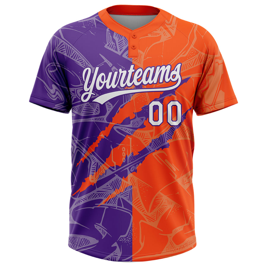 Custom Graffiti Pattern White Orange-Purple 3D Scratch Two-Button Unisex Softball Jersey