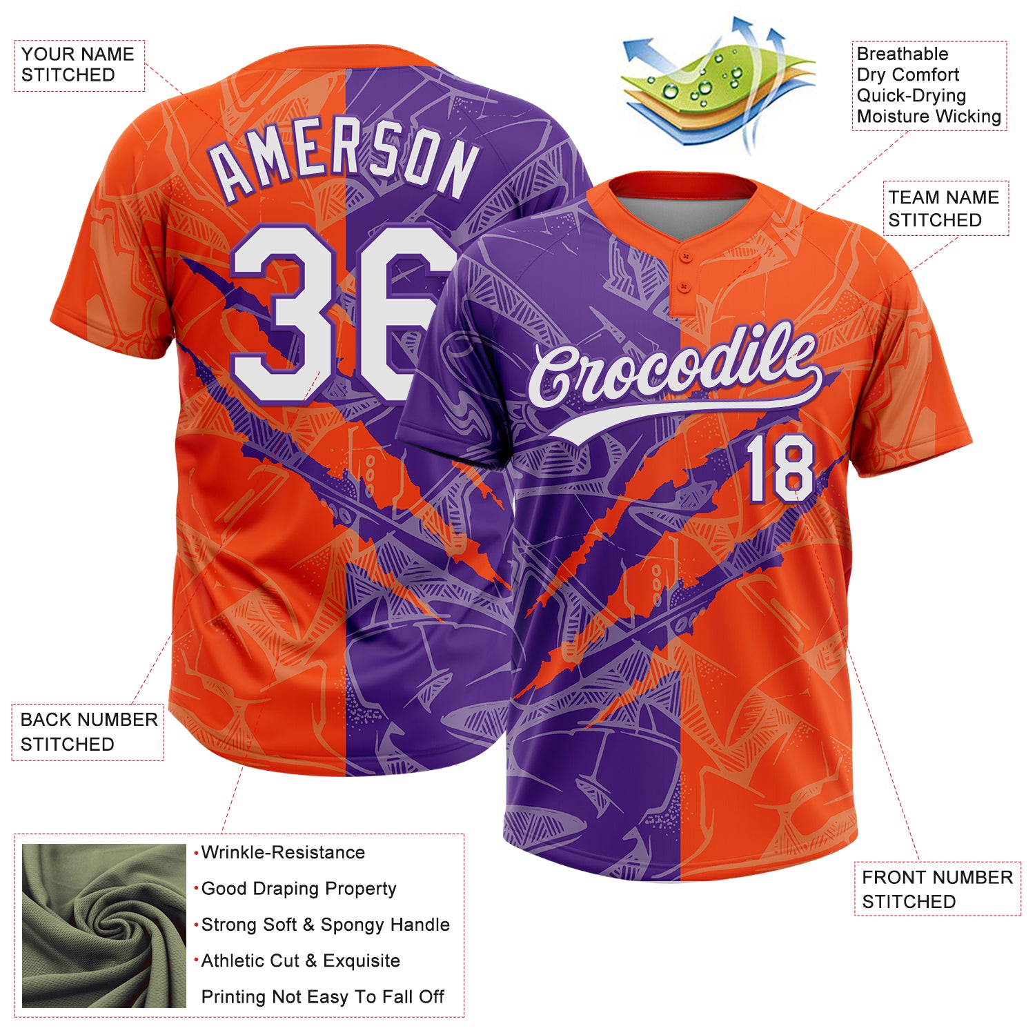 Custom Graffiti Pattern White Orange-Purple 3D Scratch Two-Button Unisex Softball Jersey